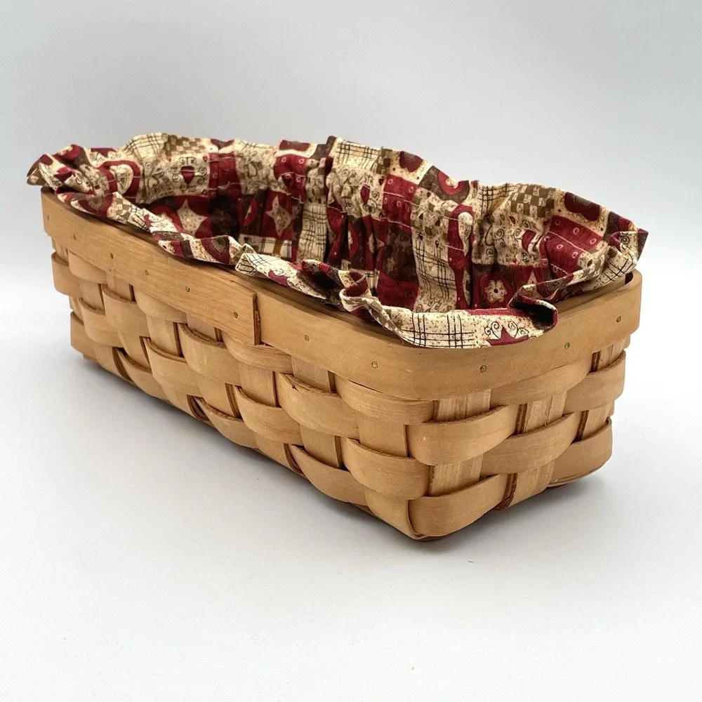 Handmade Woven Wood Bread Basket With Cushion Fabric Liner Primitive Farmhouse